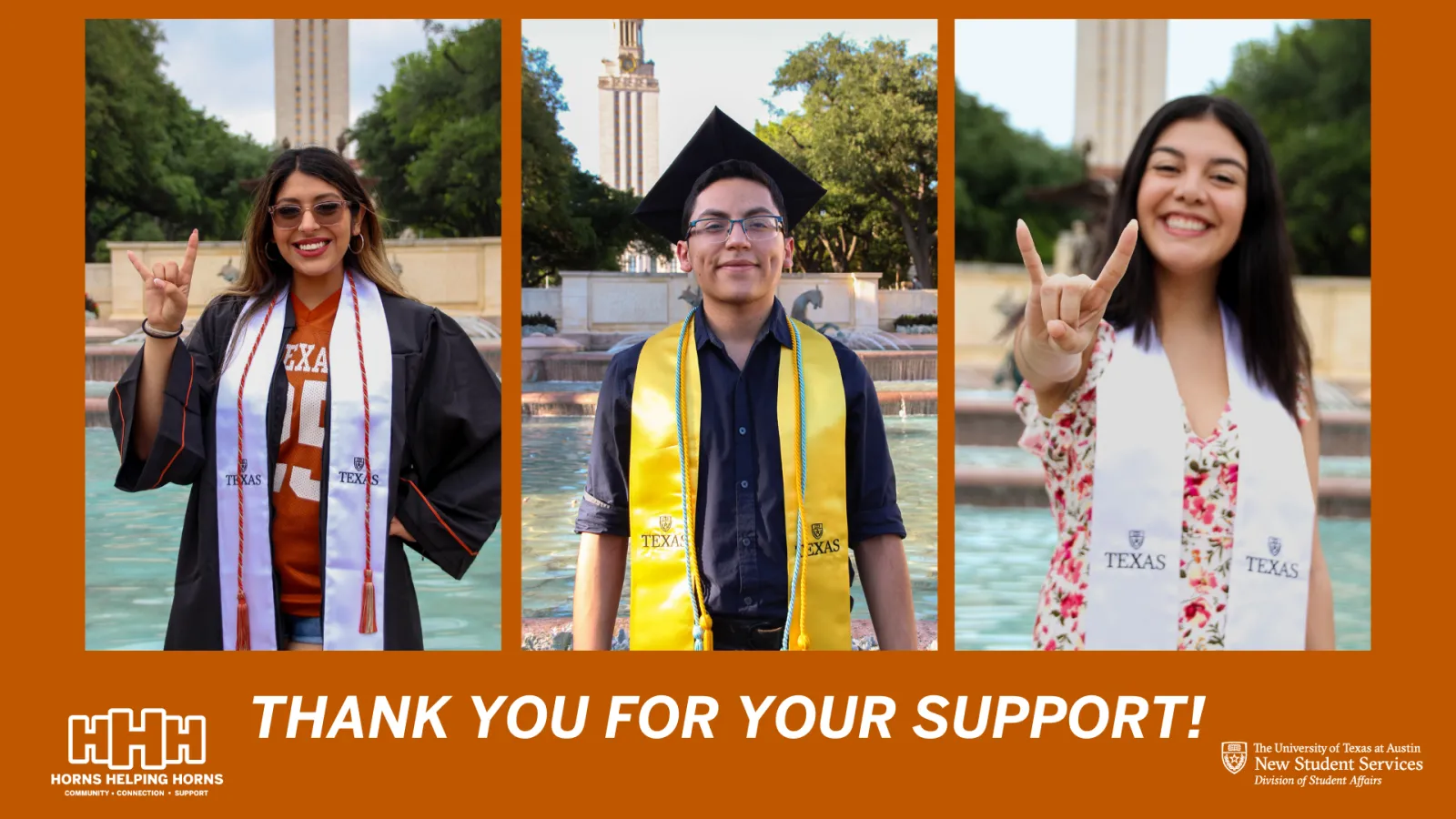 three photos of students in graduation regalia with the text "Thank you for your support" written beneath