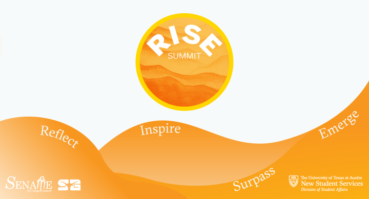 RISE 2024 Summit logo on orange waves of text that say "Reflect, Inspire, Surpass, Emerge"