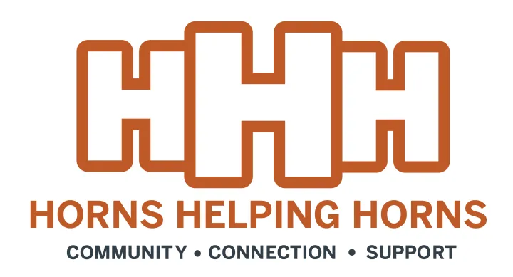 Three letter "H"'s in a row with the words "Horns Helping Horns, Community, Connection, Support" written below it