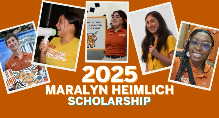 students smiling on polaroid picture frames with the writing "Maralyn Heimlich Scholarship" written below it